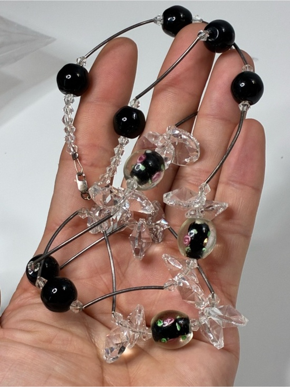 VTG Venetian Clear & BLK Glass Candy Station Necklace with Roses Handmade
